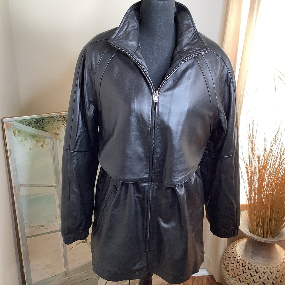 B-Bernardo heavy faux leather black jacket w/removable lining, size M